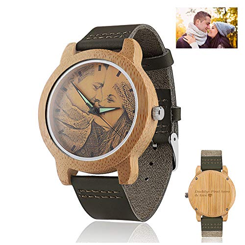 Men's Personalized Wooden Photo Watch and Text Engraved on The Watch Back Light Green Leather Strap Customized Couple Watches (40MM, Light Green 1)