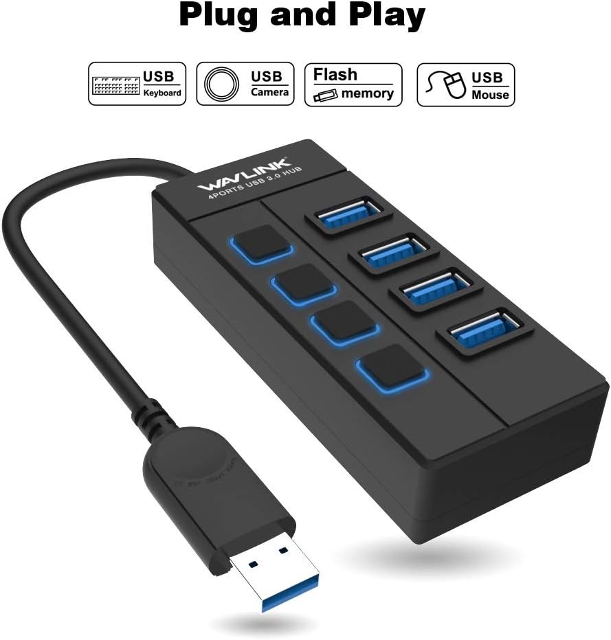 WAVLINK 4 Port USB 3.0 Hub with Individual LED Power Switches, Support SuperSpeed Data Transfer up to 5Gbps for Mac, PC, USB Flash Drives and Other Devices: Computers & Accessories