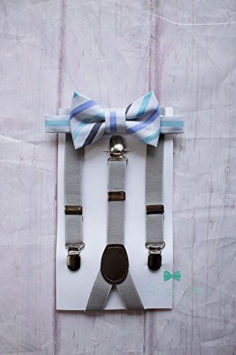Charcoal Lavender and Light Blue Bow Tie with Light Grey Suspenders. A stylish look for weddings, ring bearers, groomsman, birthday parties, cake smash or family photos.