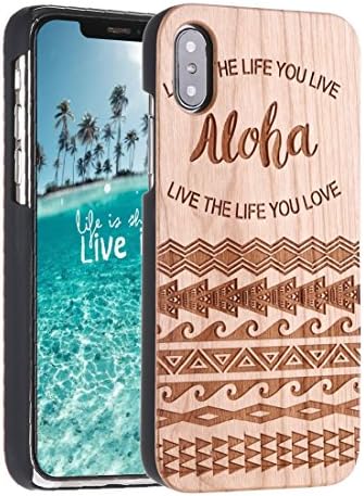 Wood iPhone X Case, Real Natural Wood Carving Wooden Pattern Protection for Apple iPhone X Case (Cherry Wood - Hawaii Aloha)