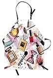 Ambesonne Fashion Apron, Cosmetic and Makeup Theme Pattern with Perfume Lipstick Nail Polish Brush Modern, Unisex Kitchen Bib with Adjustable Neck for Cooking Gardening, Adult Size, White Pink