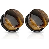 Pierced Owl - Semi Precious Tiger Eye Domed Single Flare Plugs with O-Ring, Sold as a Pair