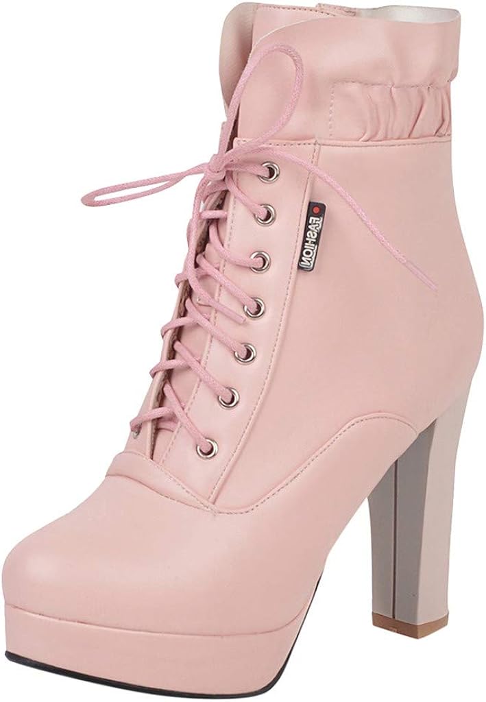 QueenMM Women Autumn Round Toe Lace Up Ankle Side Zippr Chunky High Heel Platform Knight Martin Boots