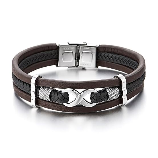 COOLSTEELANDBEYOND Tres Filas Amor Infinito Número 8 Entretejido Marrón Negro Trenzado Cuero Pulsera Brazalete de Hombre… - Imagen 4