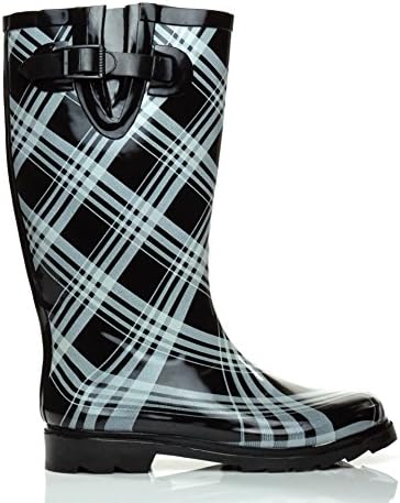 Essential Apparel Women's Plaid Mid-Calf Waterproof Rain Boots, Black/White Plaid, 9