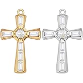 Beebeecraft 6Pcs 2 Colors 18K Gold Plated 304 Stainless Steel Cross Charms Dangle Metal Silver Crucifix 38x24mm Rhinestone Cross Charms with Hole for Jewelry Making Bracelets Necklaces Accessories