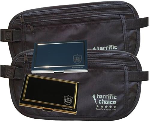 Money Belt Pouch - travel organizer gear set: 2-pack + 2 RFID card holder metal