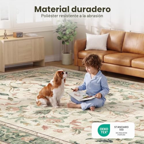 IKALIFE Carpet Salon Vintage 16x230cm Washable Green | Large Machine Washable Rug Short Pile Floral Non Slip Soft Living Room Bedroom Dining Room