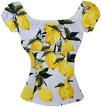 Women Summer Sexy T-shirt Lemon Print Peasant Tops Rockabilly Blouse Pinup Shirt (L, Yellow)