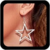 Vacaonio Minimalist Hollow Star Hook Earrings Silver Open Star Earrings Large Dangle Star Drop Earrings Pentagram Star Earrings Lucky Star Geometric Earrings Jewelry for Women