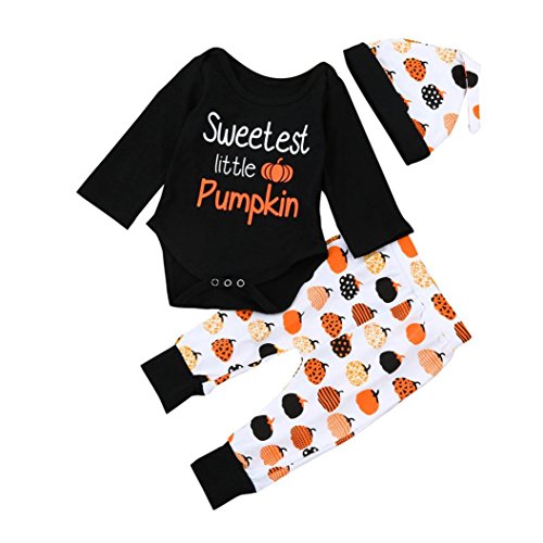 Keepfit Newborn Kids Outfits Clothes Baby Girl Boy Romper Tops+Long Pants+Hat Set for Christmas Thanksgiving and Halloween (6-12 Months, Pumpkin)