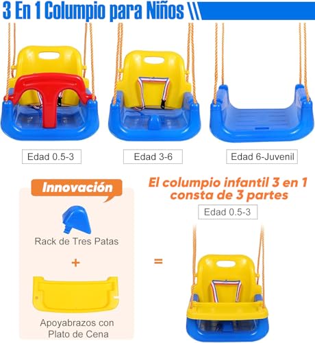 WEAGP Columpio 3 en 1 para Niños, Columpio para Niños con Cuerdas Altura Ajustables, Asiento Antivuelco, Columpio Desmontable para Niños para Patio de Juegos Interior y Exterior