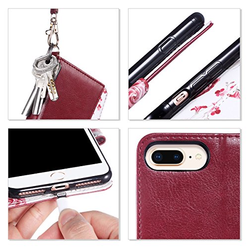 ULAK iPhone 8 Plus Case, iPhone 7 Plus Wallet Case,Floral PU Leather Wallet Case with Kickstand Card Holder ID Slot and Hand Strap Shockproof Rubber Cover for iPhone 7 Plus/8 Plus,Burgundy