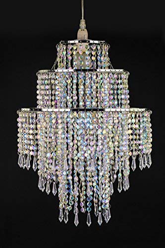 Waneway Large 3 Tiers Beads Pendant Shade, Ceiling Chandelier Lampshade with Acrylic Jewel Droplets, Beaded Lampshade with Chrome Frame and Sparkling Beads, Diameter 12.6 inches, Clear