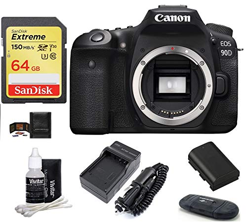 Canon EOS 90D DSLR Camera Body (USA Warranty) Bundle, Includes; SanDisk 64GB Extreme Memory Card + Spare Battery + More (7 Items)