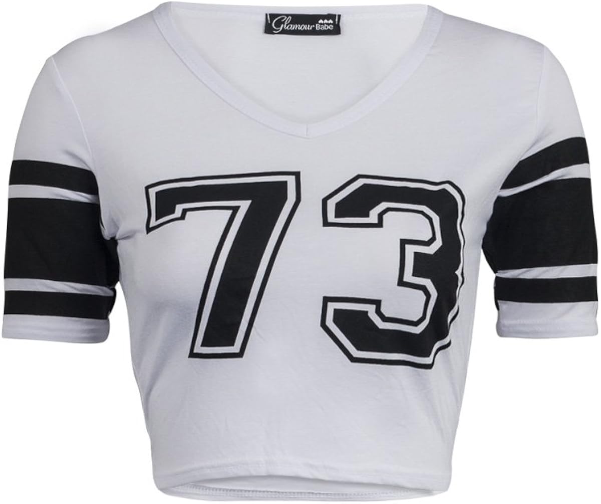 87C Womens White Print Short Sleeved Ladies Football Jersey Crop Top T