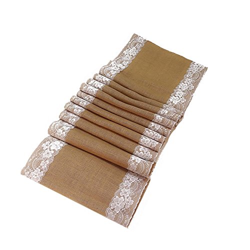 AAYUWhite lace Burlap Table Runner 14 Inch x 108 Inch | Perfect Burlap Roll Lace Runner for Rustic Weddings and Events (White Lace on Both Sides)