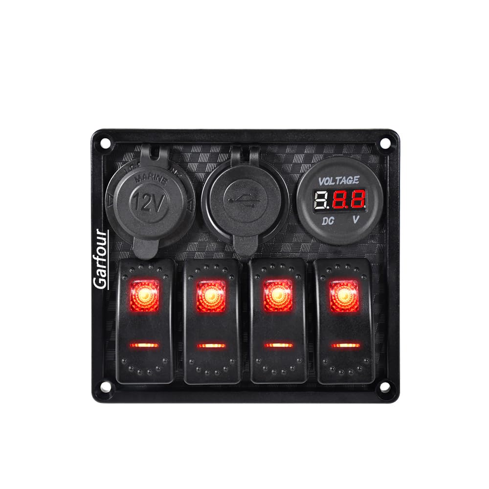 Garfour 4 Gang Rocker Switch Panel Waterproof Rubber Panel Dual 3.1A USB 12V Slot Socket LED Light Voltmeter for Car Boat Truck