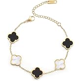 ChenYuTe Women's Four Leaf Clover 18K Gold Plated Lucky Bracelet, White/Black/Red/Blue Four Leaf Flower Adjustable Bracelet Women's Fashion Jewelry Gifts