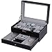 BASTUO 12 Jewelry Display Case Watch Box Organizer Holder with Jewelry Drawer for Storage, Men's Watch Storage Case Tray with Key&Lock, Black PU Leather with Glass Top
