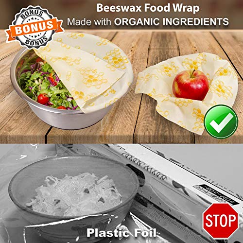 Reusable Silicone Food Storage Bags+Beeswax Wrap/Silicone ziploc containers for Sandwich & more -Leakproof and Completely Plastic-Free & Environment-Friendly/Freezer Dishwasher Safe lunch bag/Set of 5