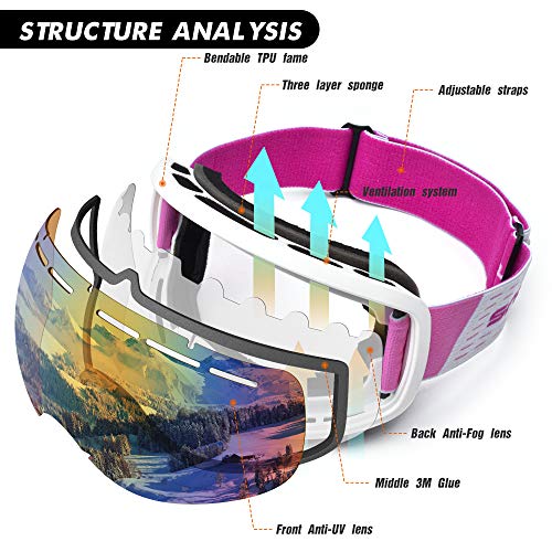 Snowledge Ski Snowboard Goggles with UV400 Protection, OTG Skiing Snowboarding Goggles of Double Spherical Lens with Anti-Fog Ski Goggles for Men, Women, Helmet Compatible Snow Goggles - Thumbnail 2
