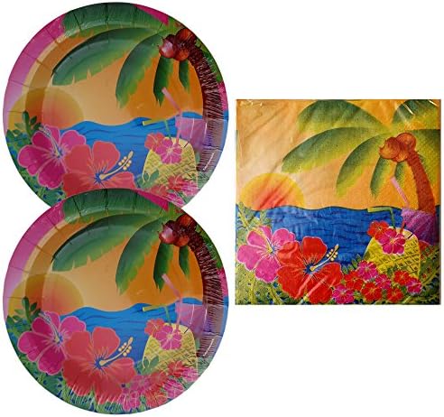 Tropical Luau Dinner Party Plate and Napkin Bundle, (Total 12 Dinner Plates and 16 Dinner Napkins)