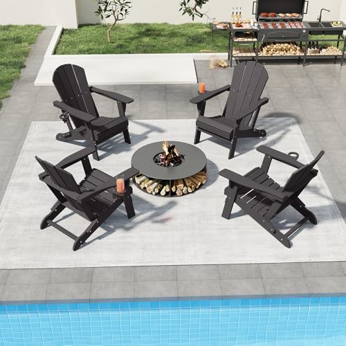 Patio Kingdom Folding Adirondack Chairs with Cup Holders, Set of 4 HDPE Plastic Outdoor Chairs, Weather Resistant, Real Wood Look, Heavy-Duty Patio Furniture for Deck, Fire Pit, Backyard, Black