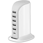 Charging Station for Multiple Devices 40W Upoy, Wall Charger Block 5 USB Ports(Shared 6A), USB Charging Hub Smart IC, Charger Tower with Type-C 3A for iPhone iPad Tablets Smartphones, Home Office Use