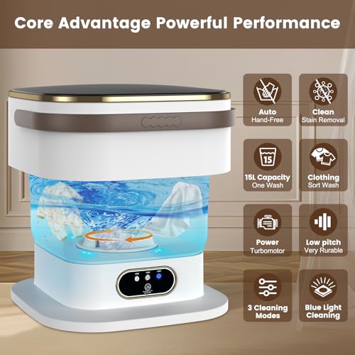 Mini Washing Machine, 15L 2 in 1 Portable Washing Machine with Spin and 3 Cleaning Modes for Small Clothes, Folding Camping Washing Machine for Travel, Apartments (Kaki)