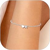 Silvora 925 Sterling Silver Dainty Initial Bracelet with Heart - 6.3" + 2" Adjustable Personalized 26 Letter Bracelet Jewelry Heart Bracelet for Women