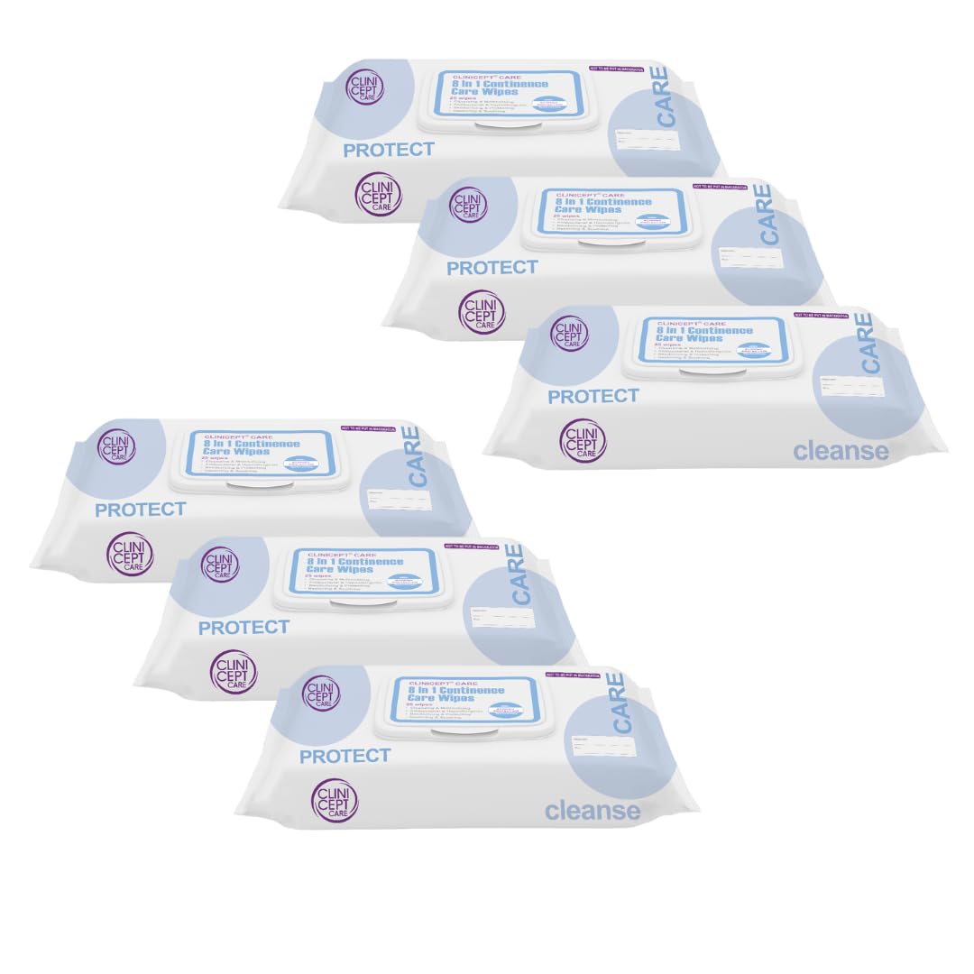 Clinicept Care 8-in-1 Incontinence Wipes - pH Balanced, Alcohol Free, NHS Approved, Incontinence cloths, Soothes and Moisturises for Adult Patient care. (6 Packs of 25, 150 Wipes)