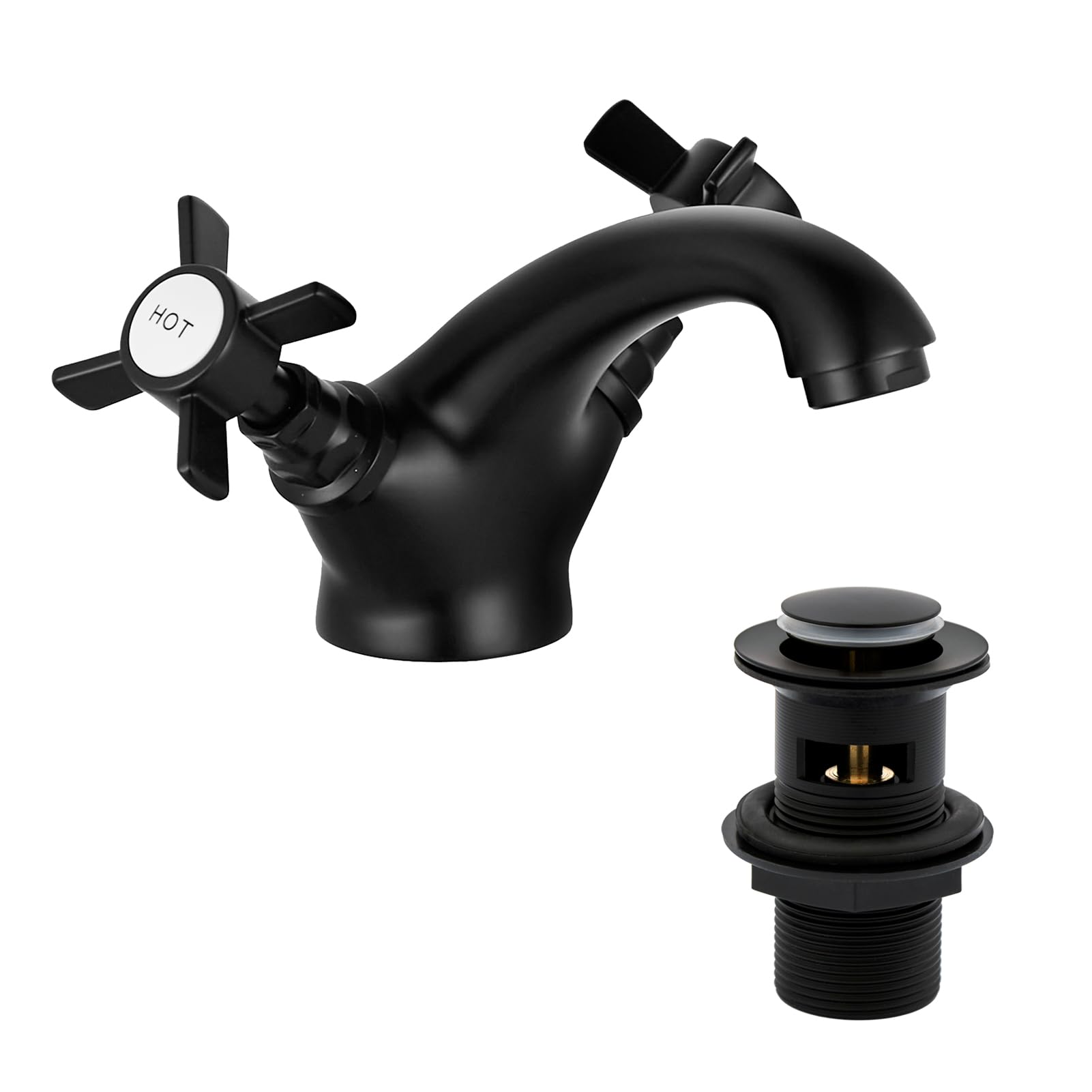 Black Victorian Bathroom Sink Tap for Basin with Pop Up Sink Plug Dual Cross Lever Brass Swan Neck Bathroom Tap Mixer Traditional Basin Mixer Tap 044BK