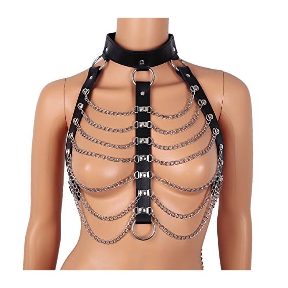 iiniim-Womens-Faux-Leather-Harness-Punk-Gothic-Metal-Chain-Tassel-Body-Caged-with-Lock-One-Size-Black