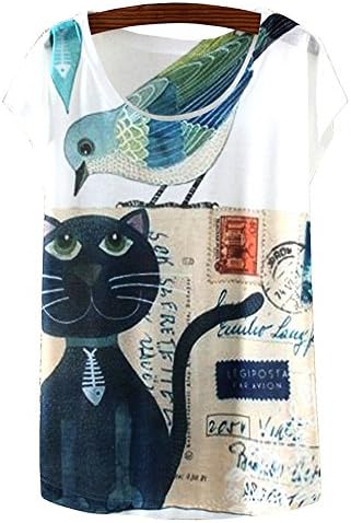 KaiTingu Women's Short Sleeve Cat Bird Stamp Graphic Print Vintage T Shirt White
