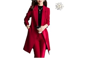 platlogy Business Work Wear Pant Suit for Women Long Blazer Overcoat Set Female Office Ladies Jacket and Trouser 2 Pieces, Re