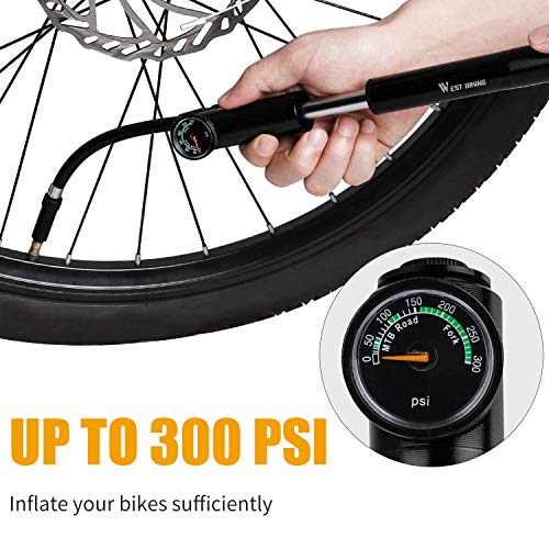 WESTGIRL Bike Pump with Gauge & Glueless Puncture Repair Kit - 300 PSI - Fits Presta & Schrader - Portable Bicycle Frame Pump for Road, Mountain and BMX Bikes, Mount Kit & Ball Needle Included