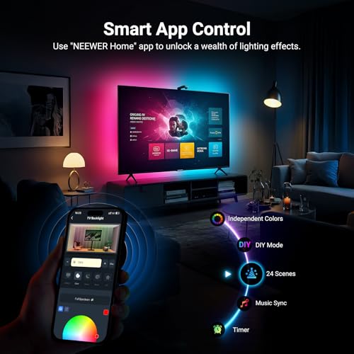 NEEWER TV Backlight for 75"-85" Screens, 16ft/5m LED RGB Light Strips with Sensor Change with TV, Scheduled On/Off, Zero Delay Color Sync, Music Sync, 24 Scene Effects, Supports App Control, NS03