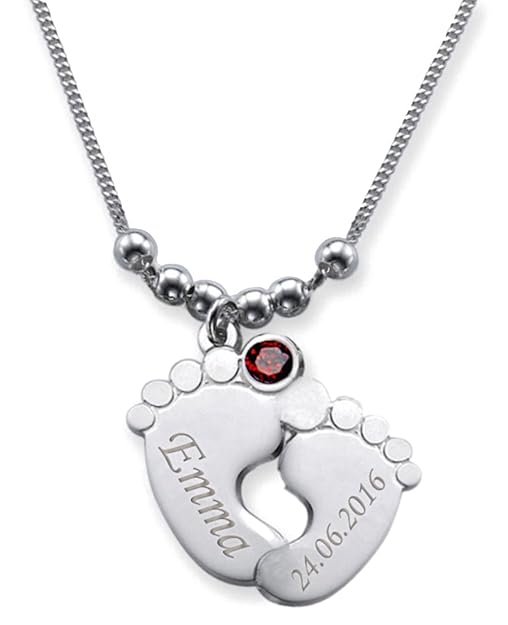 KIDDI-MEDIA Doppel - Babyfuß Anhänger inkl. Gravur des Namen+Geburtsdatum Mit farbigem Geburtsmonat Swarovski Kristall (Gebur