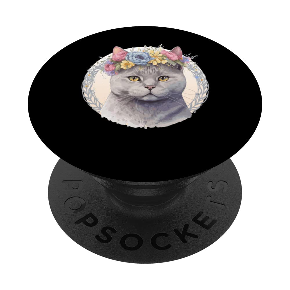 Cute British Shorthair Cat Flower Crown Cats Pet Kitten PopSockets Swappable PopGrip