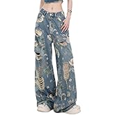 Hopecn Y2K Jeans for Women Baggy Vintage Flower Ripped Pants High Waisted Grunge Coquette Jeans Straight Wide Leg Clothes