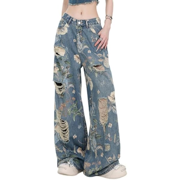 FEUSEUZ Women's Jeans, Women's Retro Floral Print with Holes
