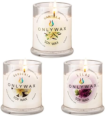 Onlywax Scented Candles Gift Set 3 Pack All Natural Soy Wax Aromatherapy Scented Candles in Reusable Glass Jar - Gardenia, Vanilla and Lilac Blossoms