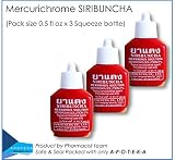 Mercurichrome Siribuncha 2% Merbromin Solution (0.5 Fl Oz X 3 Squeeze Bottles) Safe to Skin with Effective for First Aid to Clean Would in Hospitals, Nursing Homes, Veterinary Clinics and Farm