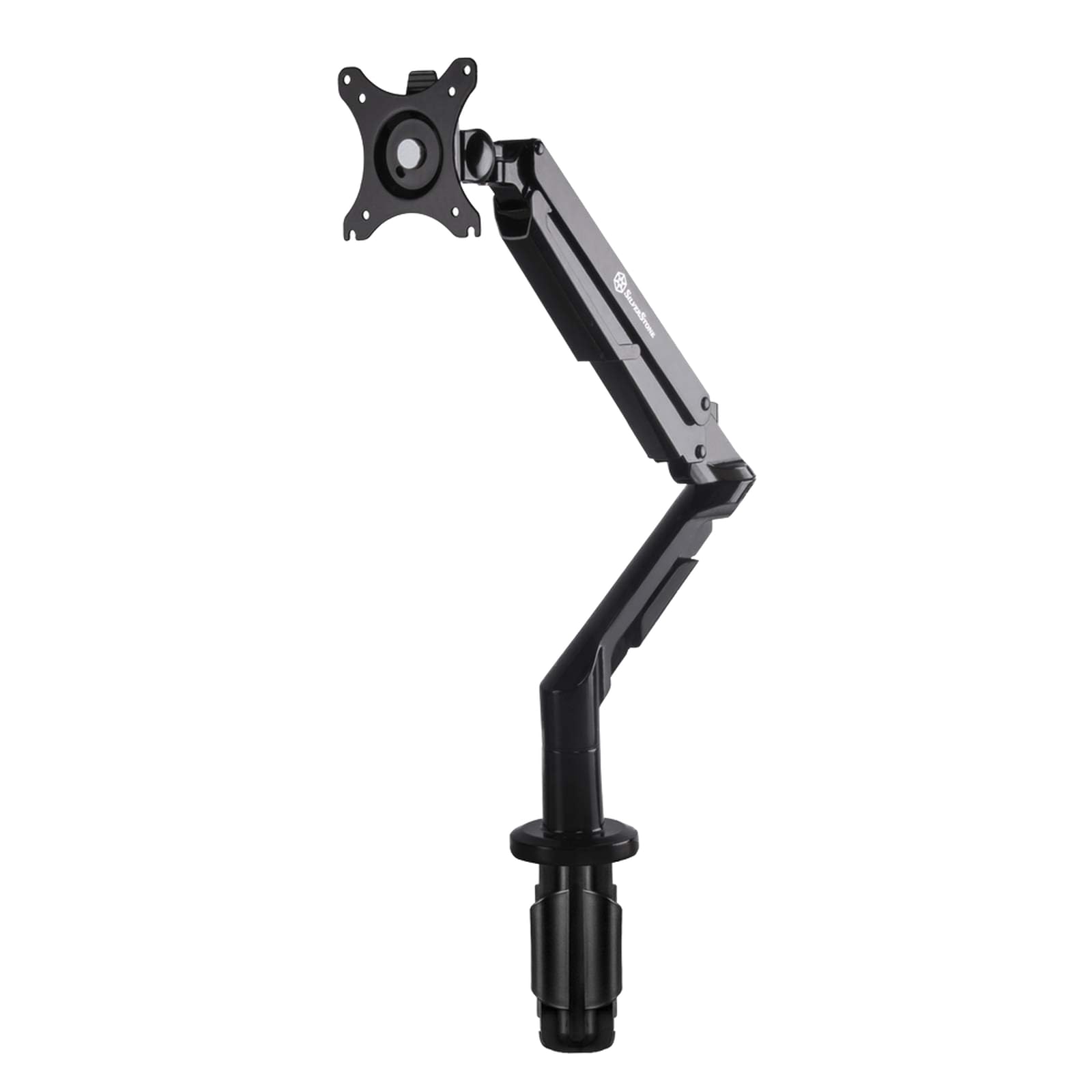 SilverStone SST-ARM12B- Single ARM LCD LED Monitor Mount Bracket, Adjustable, with gas-spring, 360° Rotation, -90°/+15° tilt up/down, +90°/-90° Swivel - Max VESA 100x100, black
