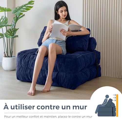 MAXYOYO Foldable Convertible Sofa Bed with Pillow, Mattress with Back Support, Portable Comfortable Armchair Bed for Living Room Bedroom, Navy Blue