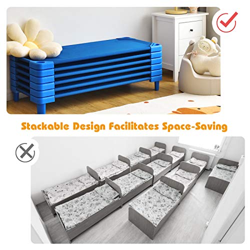 KOTEK Stackable Sleeping Daycare Cots for Kids, Portable Toddler Nap Cots, 52" L x 23" W, Ready-to-Assemble, Space-Saving Children Naptime Cot for Classroom Preschool (Set of 6, Blue)