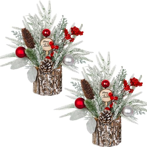 Photo 1 of CandyHome 2 Pcs Small Christmas Tree, Artificial Mini Tabletop Christmas Tree Fake Potted Plants with Christmas Ball Ornaments Pine Cone for Party Table Mantle Window Home Christmas Decorations