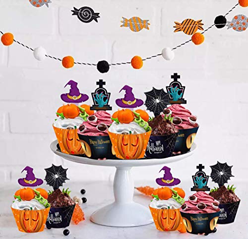 Halloween Cupcake Toppers Wrappers, Spider Witch's Hat Zombie Hand for Halloween Party Cupcake Decorations,48pcs.