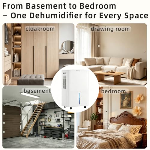 Folanzy 40 Pint Smart Dehumidifier for Basements Home (Covers 3500 Sq.Ft) | Continuous Drain Hose, Water Tank,Auto Defrost, 24H Timer & Quiet Operation for Garage,Bedroom